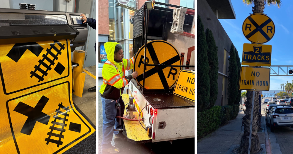 Three image collage: street signs being printed, staff fixing the signs, and final signs being posted.