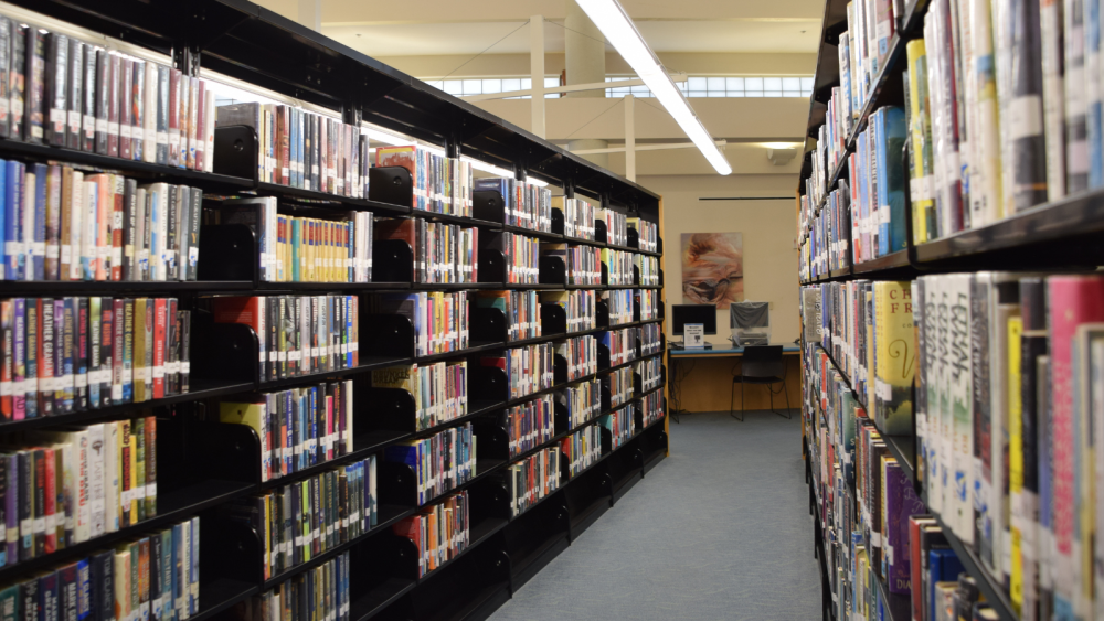 and aisle surrounded by bookshelves.