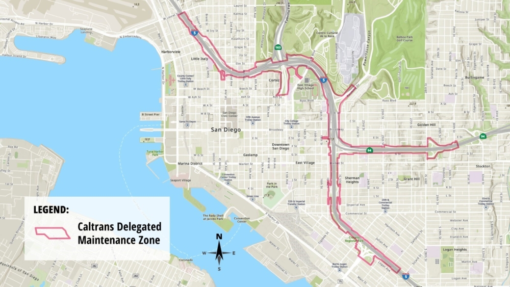 Map that depicts the Caltrans Maintenance Zone: Interstate 5 from the Coronado Bridge to Laurel Street (3.5 miles), State Route 163 from Ash Street to Interstate 5 (0.4 miles), State Route 94 from 17th Street to 30th Street (1.1 miles)