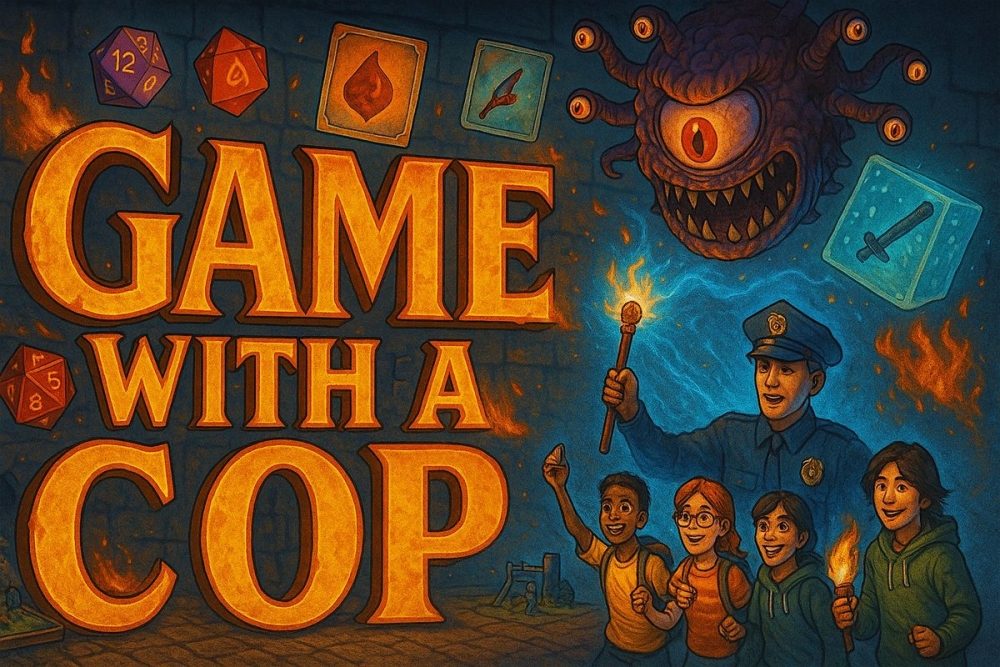 Drawing of game with a cop flyers