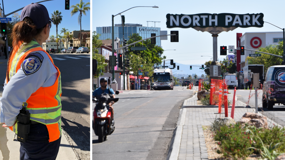 Photo of Police Officer side by side with North Park sign