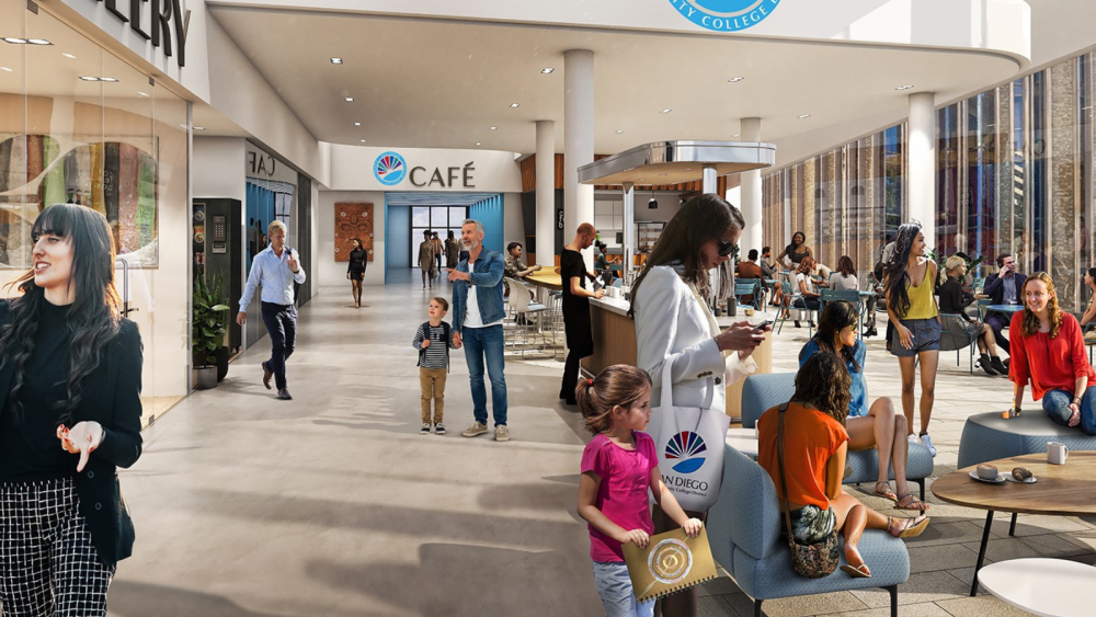 Golden hall rendition with shops and people