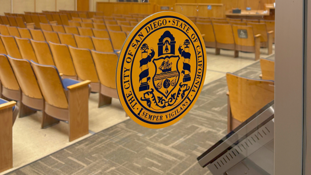 City seal on glass door