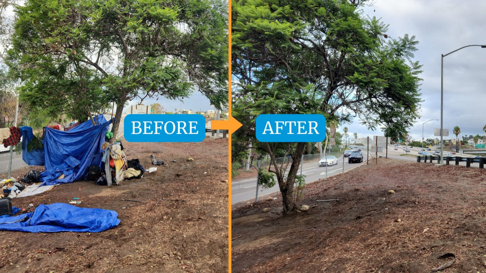 before and after photos of a trashed encampment