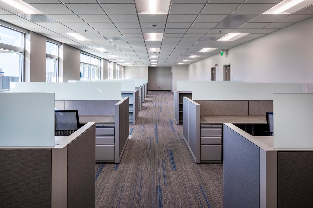 inside of an office with the aisle down the middle and two rows of cubicles lined up