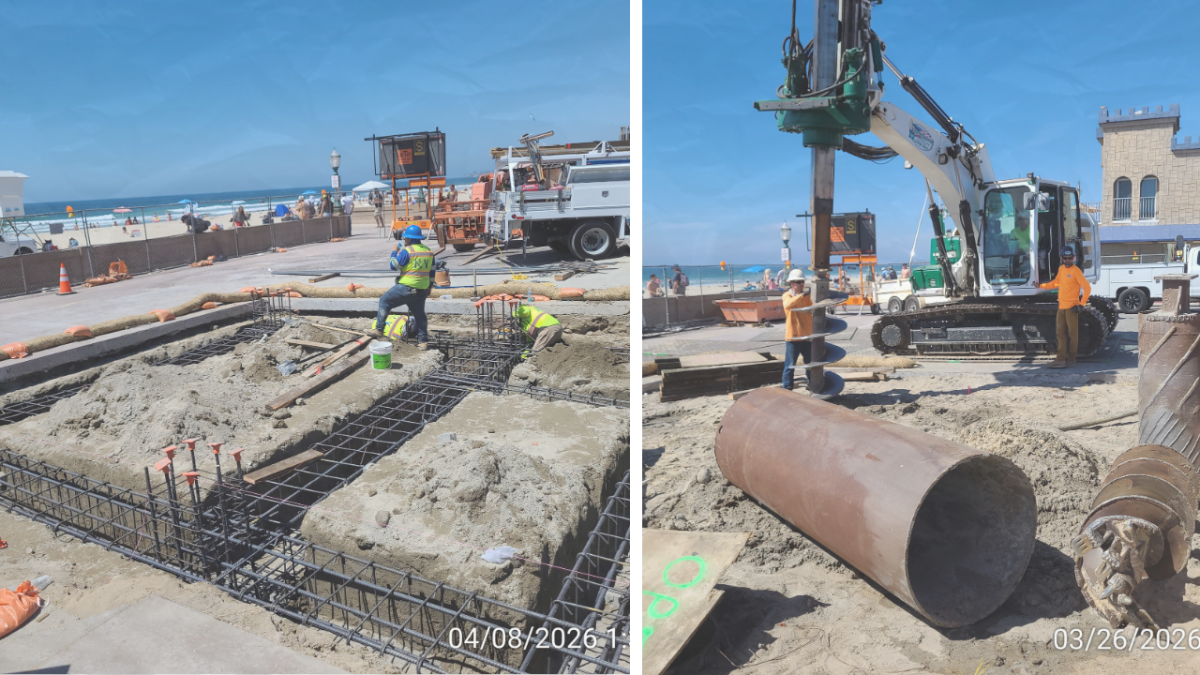 Photos of the foundation work to install the temporary Mission Beach lifeguard tower. 