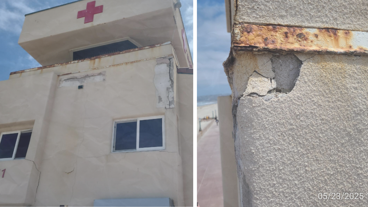 A photo of the deterioration of the Mission Beach Lifeguard Station. 