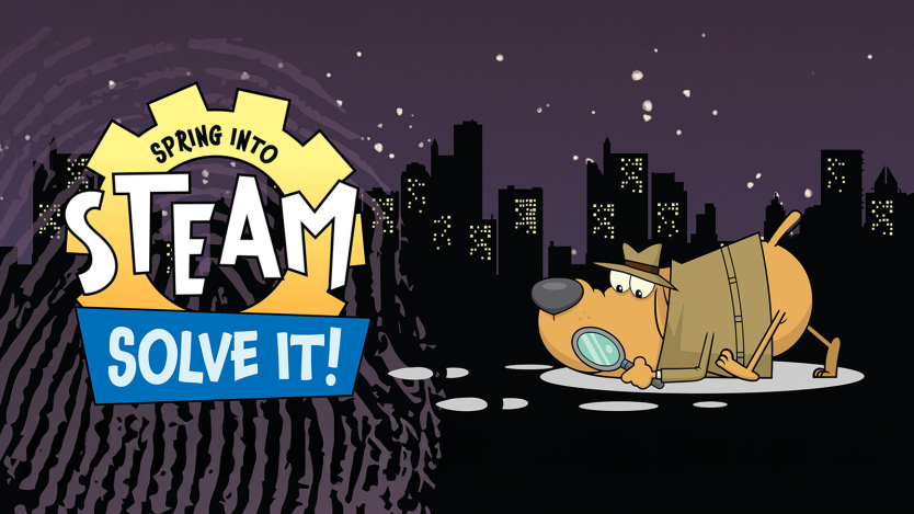 spring into steam "solve it" badge with detective dog 