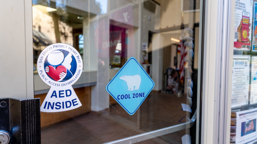 Rec center door showing cool zone sticker 