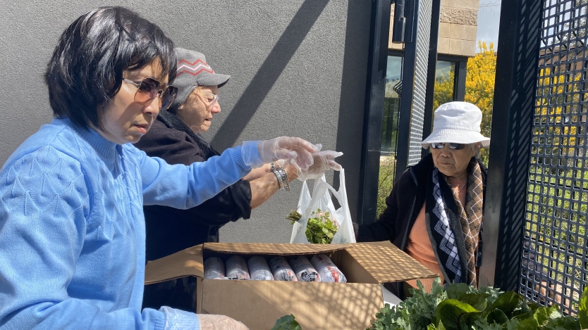 Open air market with elderly female shoppers.