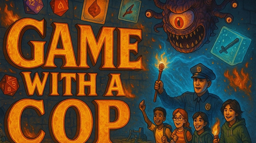 Drawing of game with a cop flyers