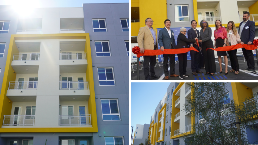 Collage of ribbon cutting photo, building photos