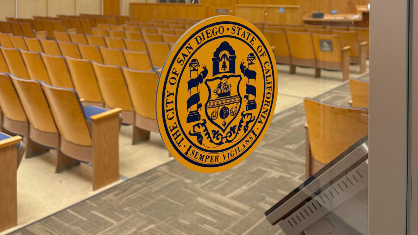 City seal on glass door