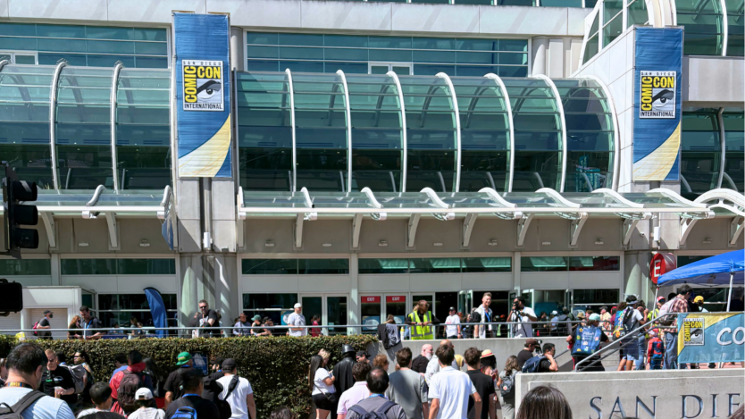 Comic-con attendees entering convention center.