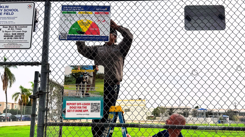 Staff installing sign
