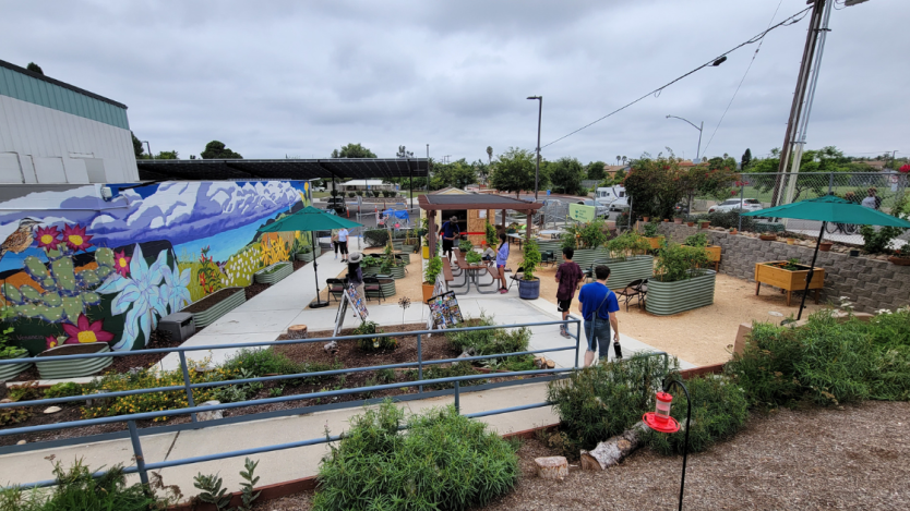 garden with a mural wall and accessible garden beds&#44; benches and shade coverings