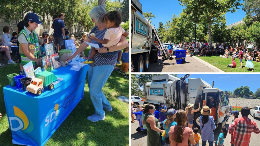 adults and kids attending storytime. Reading books and watching a live demonstration of a recycling bin getting picked up by trash talk